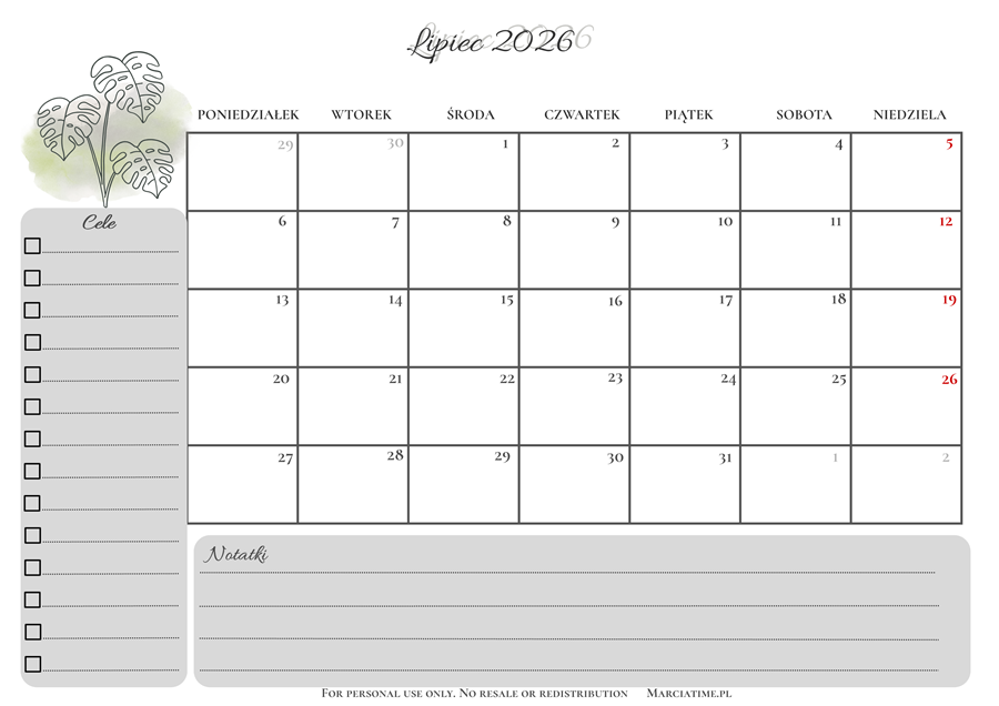 Planer na lipiec 2026 do druku
